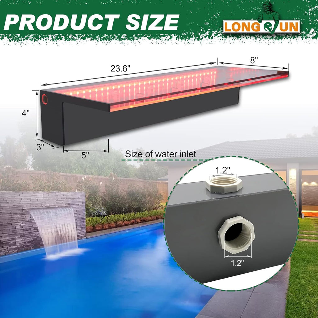 LONGRUN Waterfall Spillway, APP Control Multi-Color LED Light Outdoor Pool Fountain, Acrylic Water Spillway Koi Pond Waterfalls Fountains Kit for Garden Patio Swimming Pool Decoration-23.6"