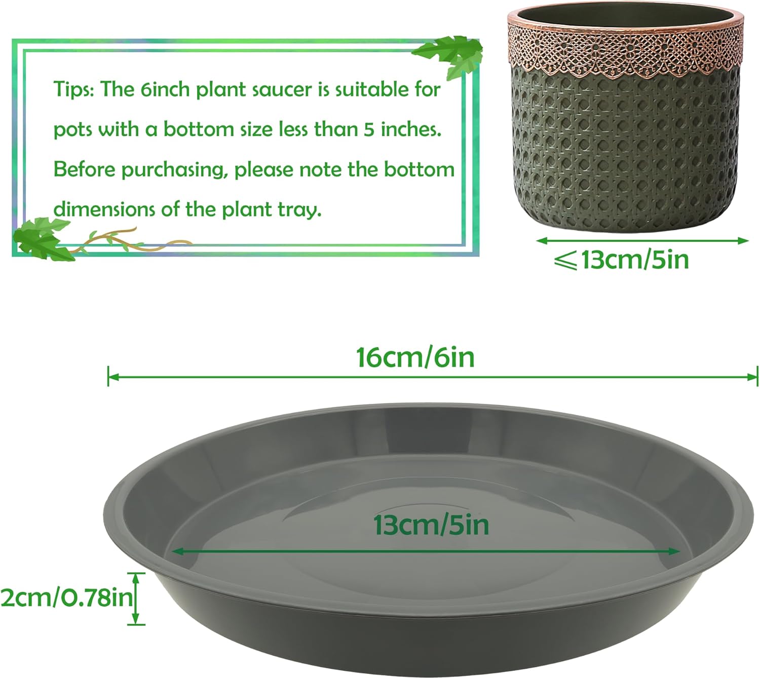 6 Pack 6 Inch Round Plant Saucers for 5 Inch Pots - Indoors & Outdoors Plastic Plant Drip Trays (Gray, 6"(6pcs))