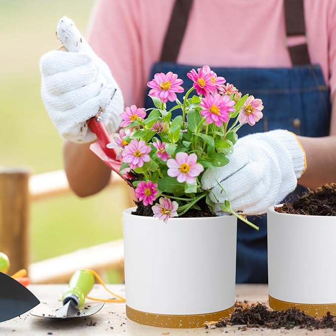 10/8/6 inch Deep Plant Pots, 3 Pack Cylindrical Large Flower Pots for Outdoor Indoor Plants, Tall Plastic Planters with Drainage Holes and Saucers for Garden House Plants, White with Brown