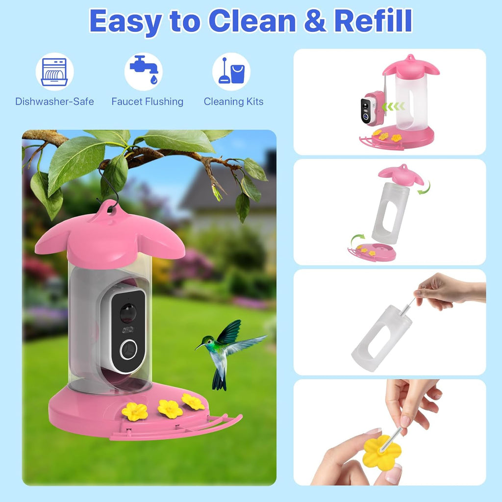 Hummingbird Feeder with Camera for Outdoor - 2K QHD Video, Instant Notifications & AI Bird Species, Ant Moat, Bee Proof, Motion Detection, 2.4G WiFi, Signal Booster, Gift for Bird Lovers Hot Pink
