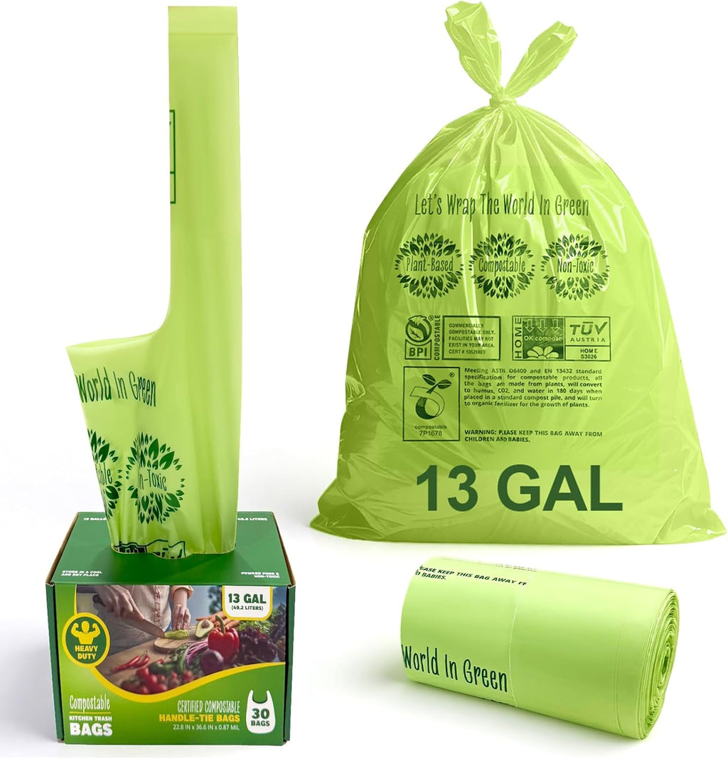 10-13 Gallon Compostable Trash Bags Handle-Tie, Heavy Duty Thick 0.87 Mil, 49.21 Liter, 30 Bags, Tall Kitchen Food Scrap Waste Bag, ASTM D6400, US BPI and OK Compost Home Certified