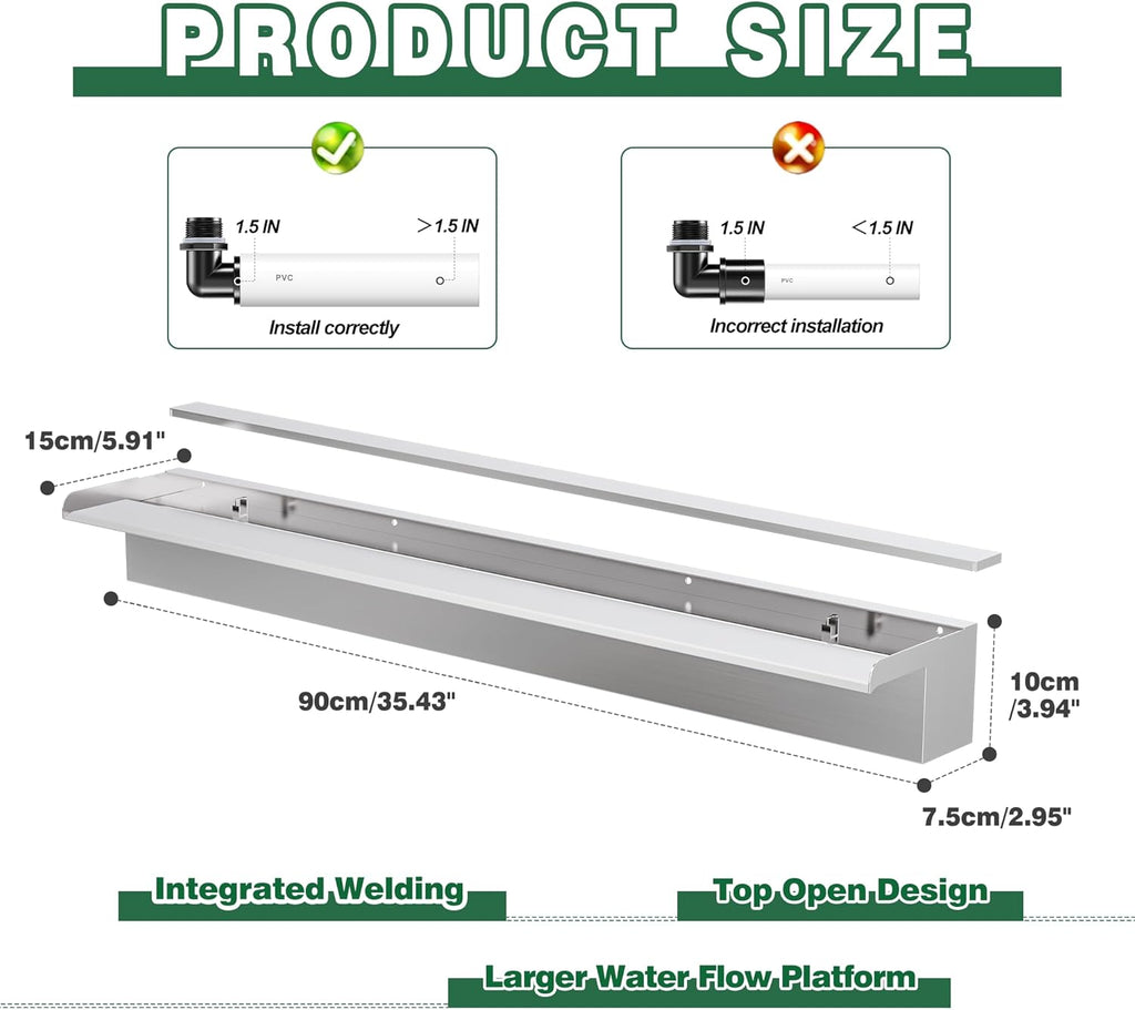 Waterfall Pool Fountain LONGRUNNEW 304 Stainless Steel 35.4" Rectangular Waterfall Spillway, Water Fall Fountain with Pipe Connector for Garden Outdoor, Swimming Pools, Fountains, Pond and Spa