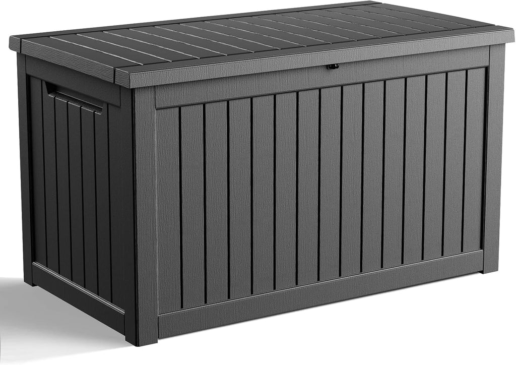 DRATO 230 Gallon Deck Box, Outdoor Large Waterproof Resin Storage Box with Lockable Lid for Patio Cushions, Gardening Tools, Sports Equipment, Black