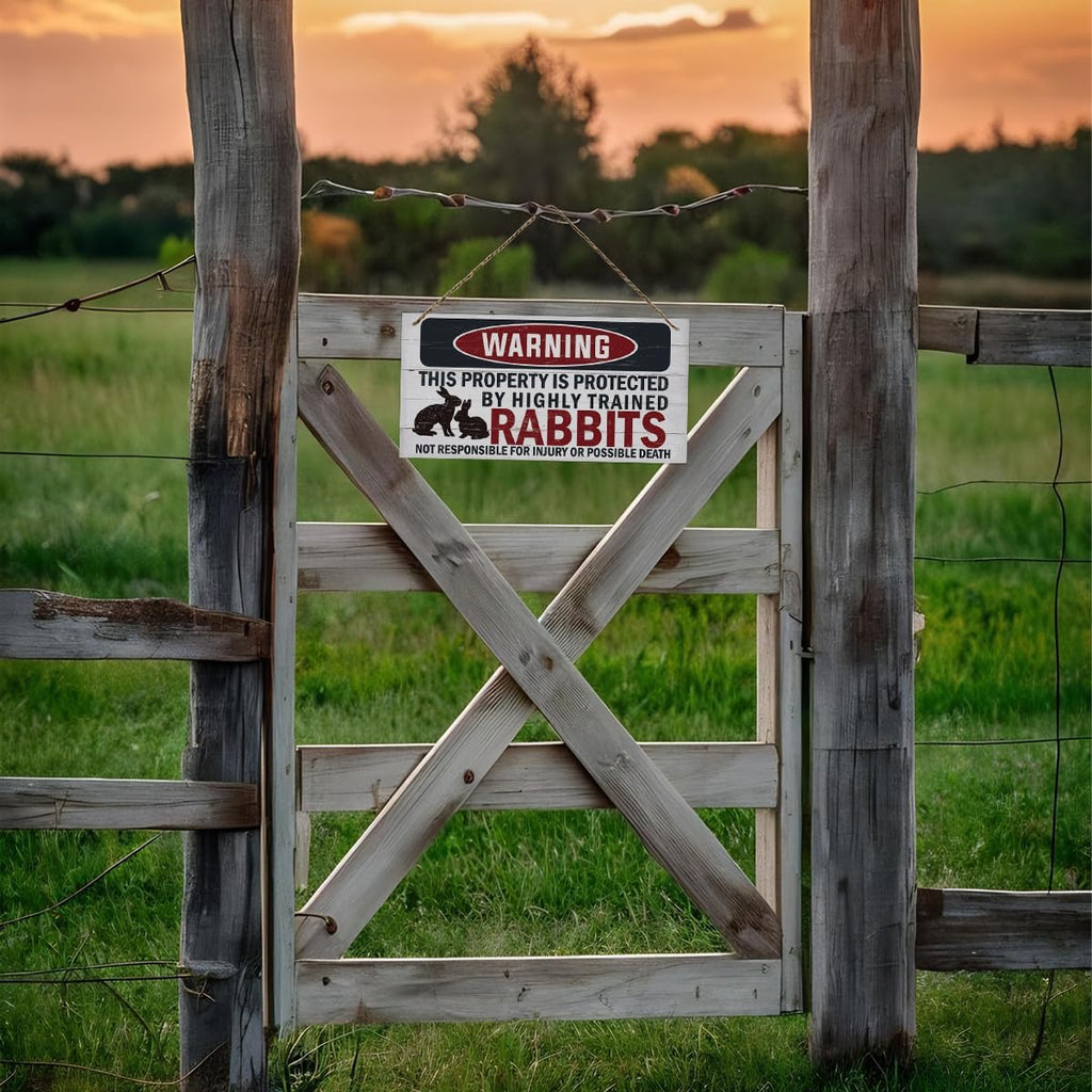 Funny Warning Signs, The Property is Protected By Highly Trained Rabbits Sign, Decorative Wood Hanging Wood Plaque, Rabbit Warning Decor Outdoor, Farm Decor, Rustic Home Decor for Front Door
