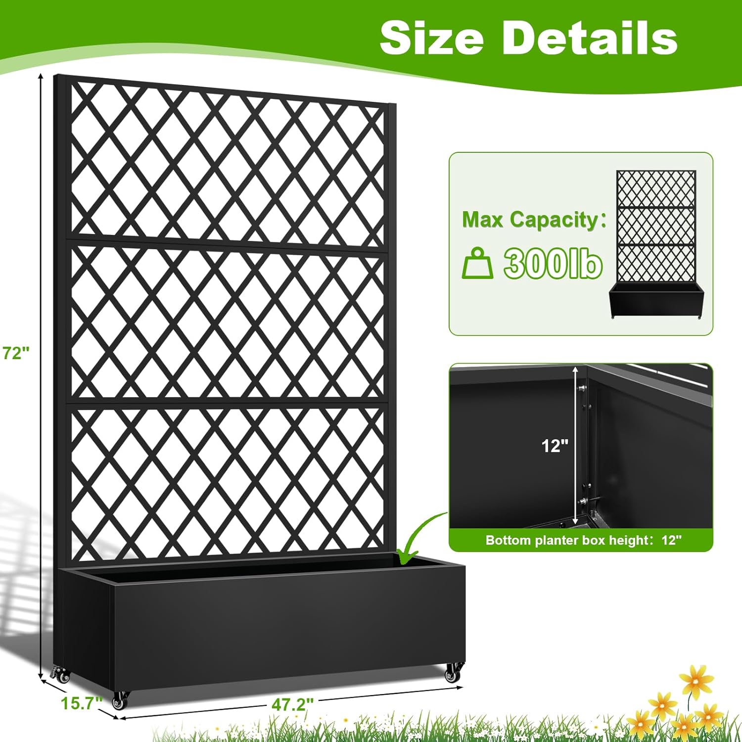 Metal Planter Box with Trellis, 72"x35"x16" Metal Raised Garden Bed with Trellis, Trellis Planter Box with Drainage Holes & Lockable Casters for Climbing Plants, Vegetables, and Vines