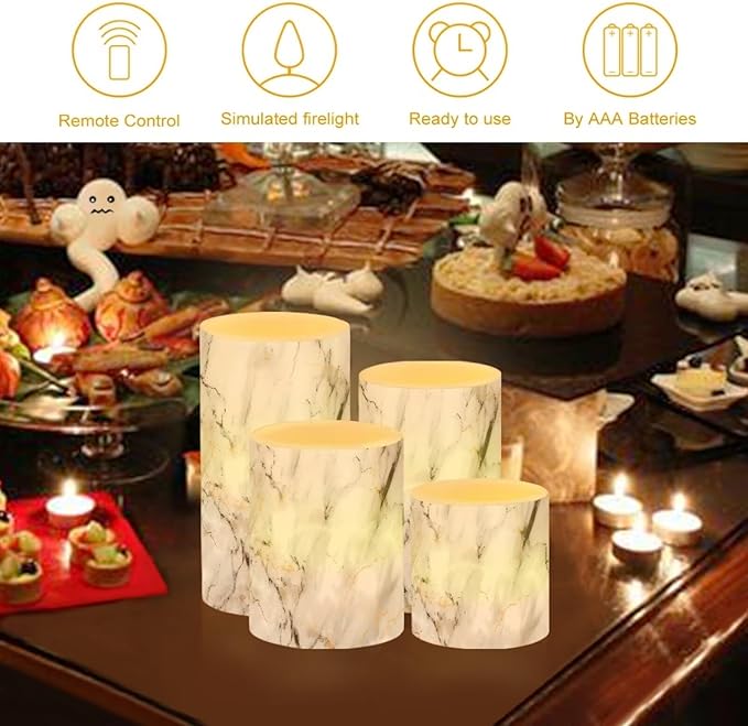 Flameless LED Battery Candles 4 PCS Pillar Candles with 18-Key Timer Remote Control Colorful Lights for Table Centerpiece Home Indoor Wedding Decoration, White Grey Marble