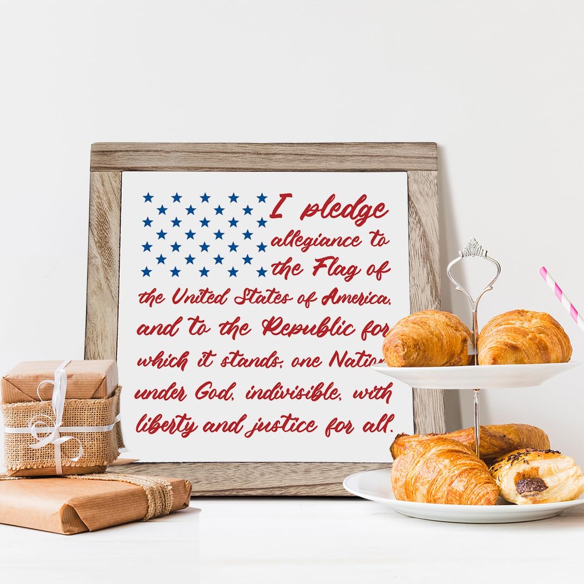 Patriotic Plaque Sign, I Pledge Allegiance to the Flag of United States of America, Wood Box Plaques Desk Decor, American Flag Wooden Sign, 4th of July Decoration, Independence Day Decor