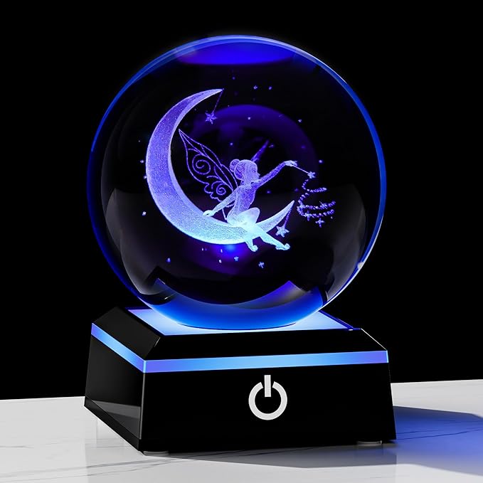 Qianwei Moon Fairy 3D Crystal Ball Laser Engraved Fairy Glass Ball Fairy Night Light Decorative Globes 3D Crystal Moon Sphere Fairy Gifts for Girl Her Fairy Lover
