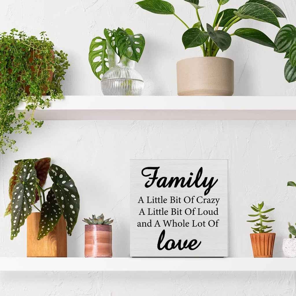 Family a Little Bit of Crazy Decorative Wooden Box Sign Family Quote Wood Block Plaque Decor Rustic Shelf or Wall Display for Home Living Room Bedroom