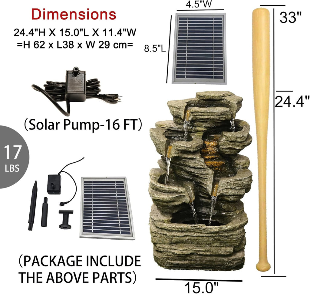 6 Tier Cascading Rock Solar Water Fountain Outdoor Garden Waterfall Decor for Garden, Patio, Backyard, Deck, Porch and Home Art Decor,24.4" H Outdoor Fountain with LED Lights