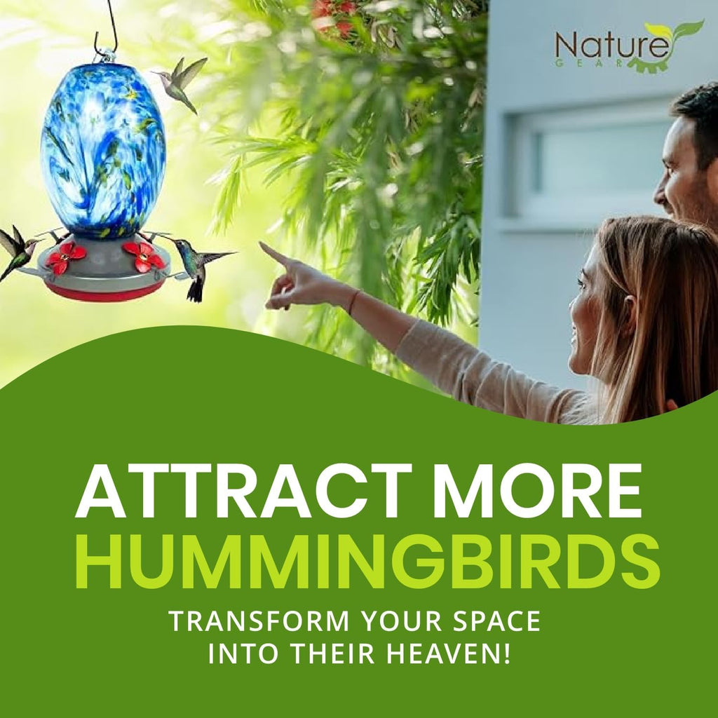 Nature Gear Hummingbird Feeder, Hanging-Mount Glass Hummingbird Feeders for Outdoors, Hand-Blown Glass Feeder with Ant Moat for Garden Hummingbirds, Easy to Clean & Rust Resistant, Sky Blue
