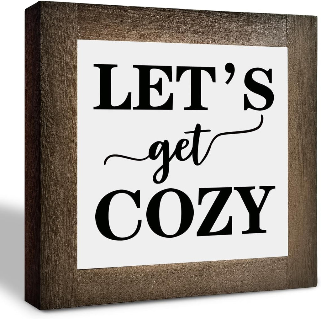 Inspirational Wood Signs, Box Wood Plaques Desk Décor, Farmhouse Home Decor Sign for Shelf, Family Table Decor for Kitchen Bedroom Dining Room, Living Room Decor, Housewarming Gift, Let's Get Cozy E