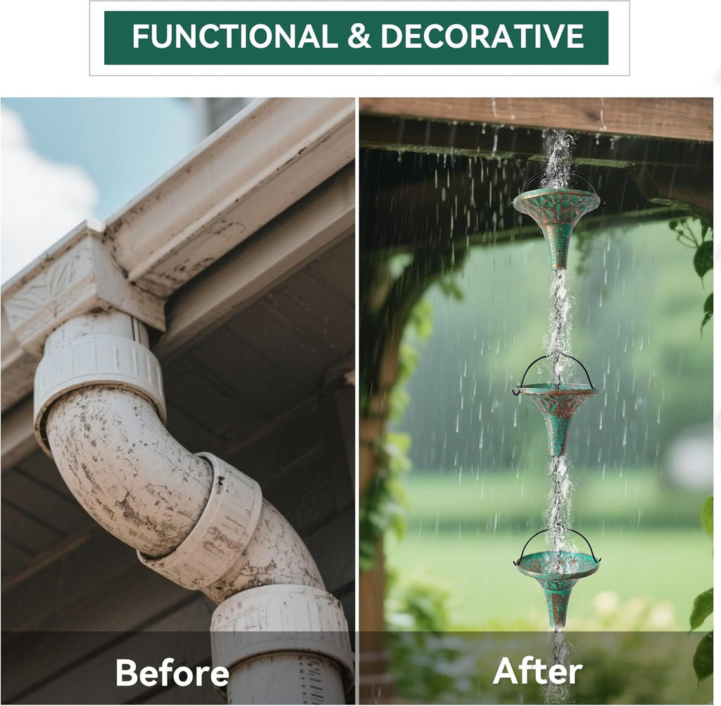 Bronze Funnel Rain Chain 8.6 FT, Decorative Metal Rain Catcher with 12 Cups, Gutter Downspout Replacement