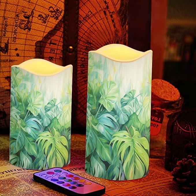 Ystardream Tropical Leaf Flameless Candles with Remote Battery Operated Candles Realistic LED Candles with Remote and Timer Set of 4 for Home Wedding Birthday Decorations