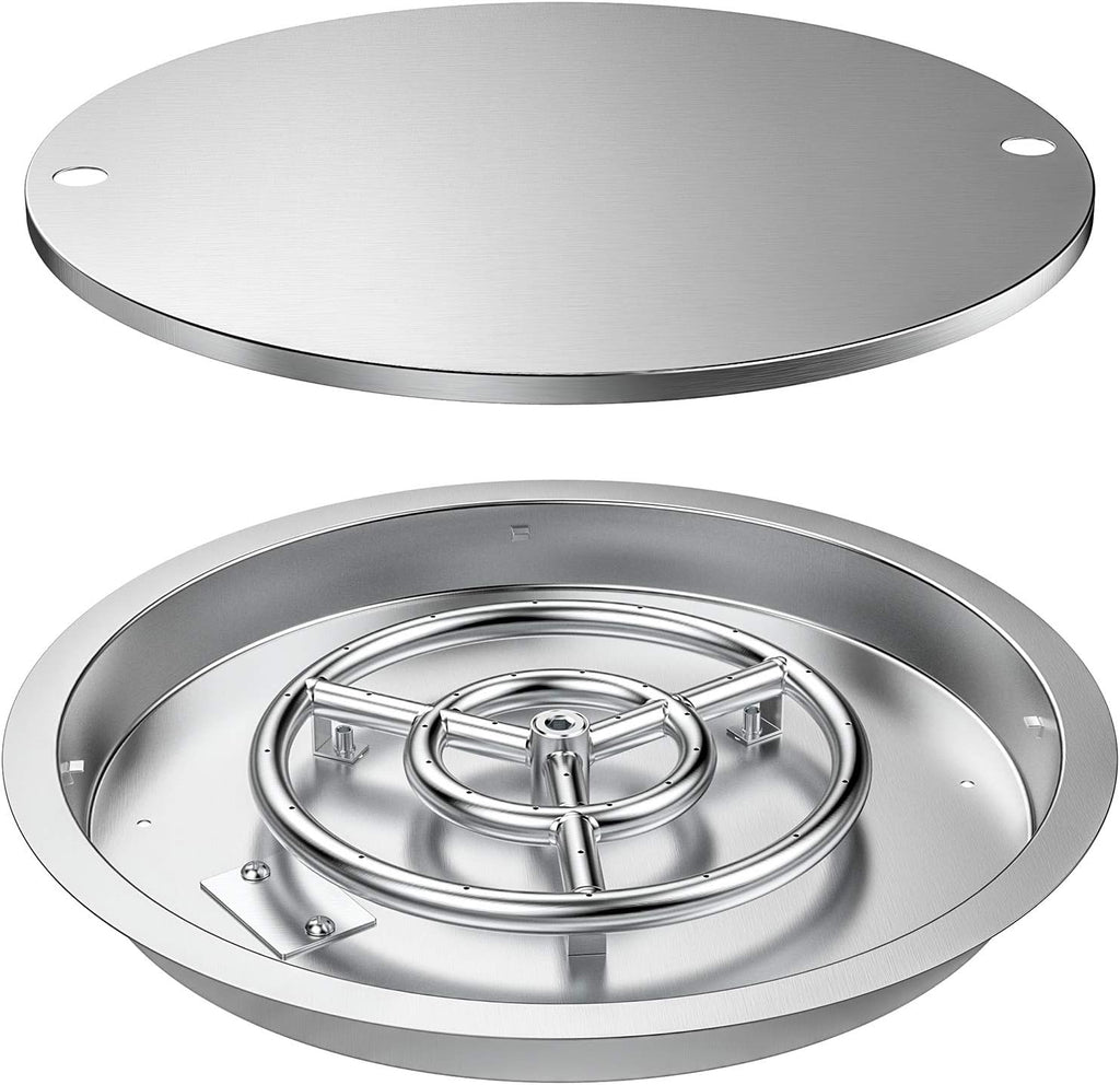 Skyflame 19 Inch Round Stainless Steel Drop in Fire Pit Pan Fire Bowl with Burner Ring and Protective Cover