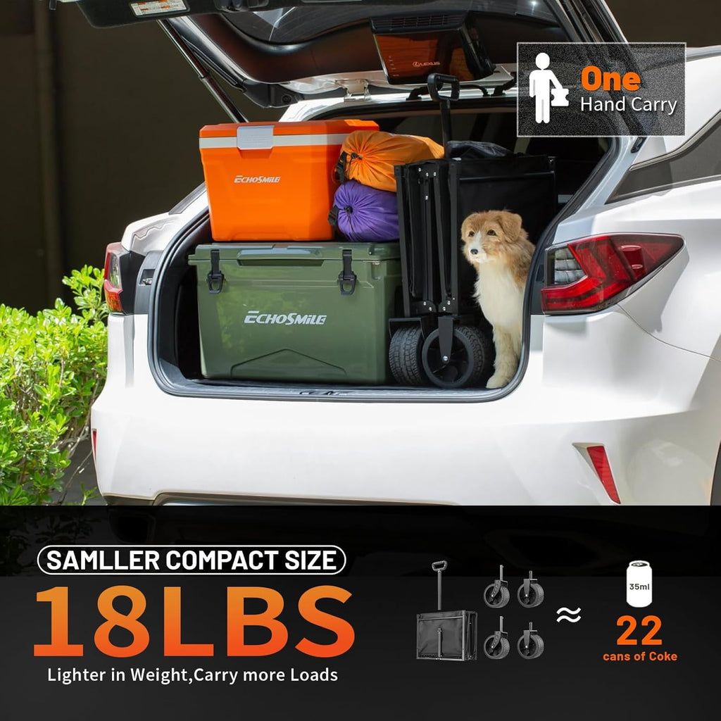 EchoSmile Collapsible Folding Wagon Cart with All-Terrain Wide Wheels, Heavy Duty Garden Cart with 350lbs Capacity,Portable Lightweight Rolling Wagon Cart for Camping Beach Sports Shopping,Black