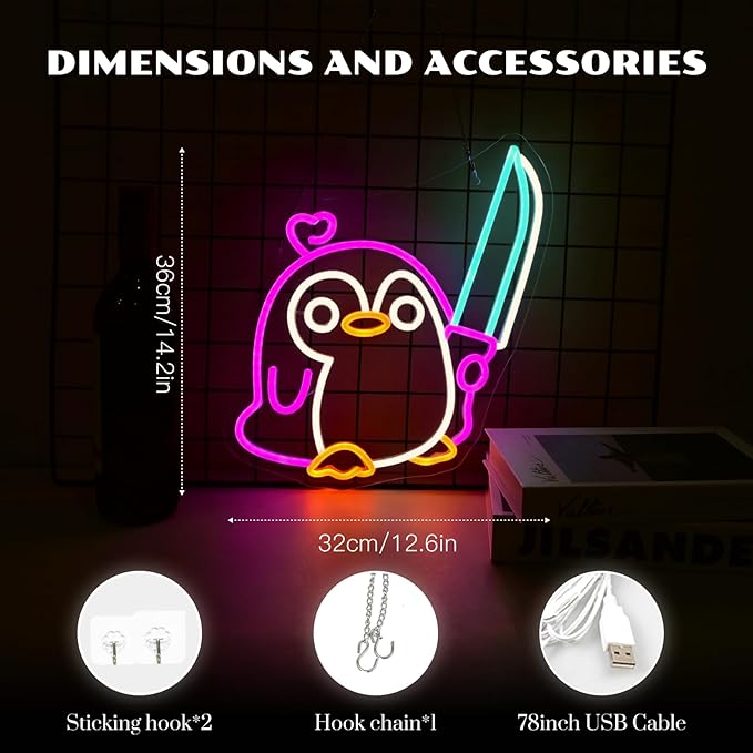 Penguin Neon Sign Dimmable Penguin Knife Neon Signs for Wall Decor LED USB Powered Cute Anime Neon Light Sign For Boys Bedroom Room Garden Party Restaurant Home Decoration Birthday Gifts