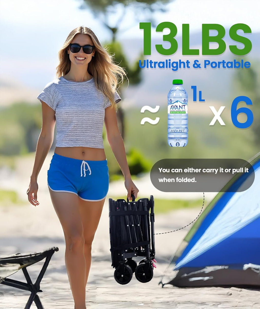 Extra Large Foldable Wagons Extended, 250L Collapsible Wagon with Tailgate, 49”L Folding Wagons with Brakes, Grocery Wagon, Utility Cart for Sports, Shopping, and Camping, Black