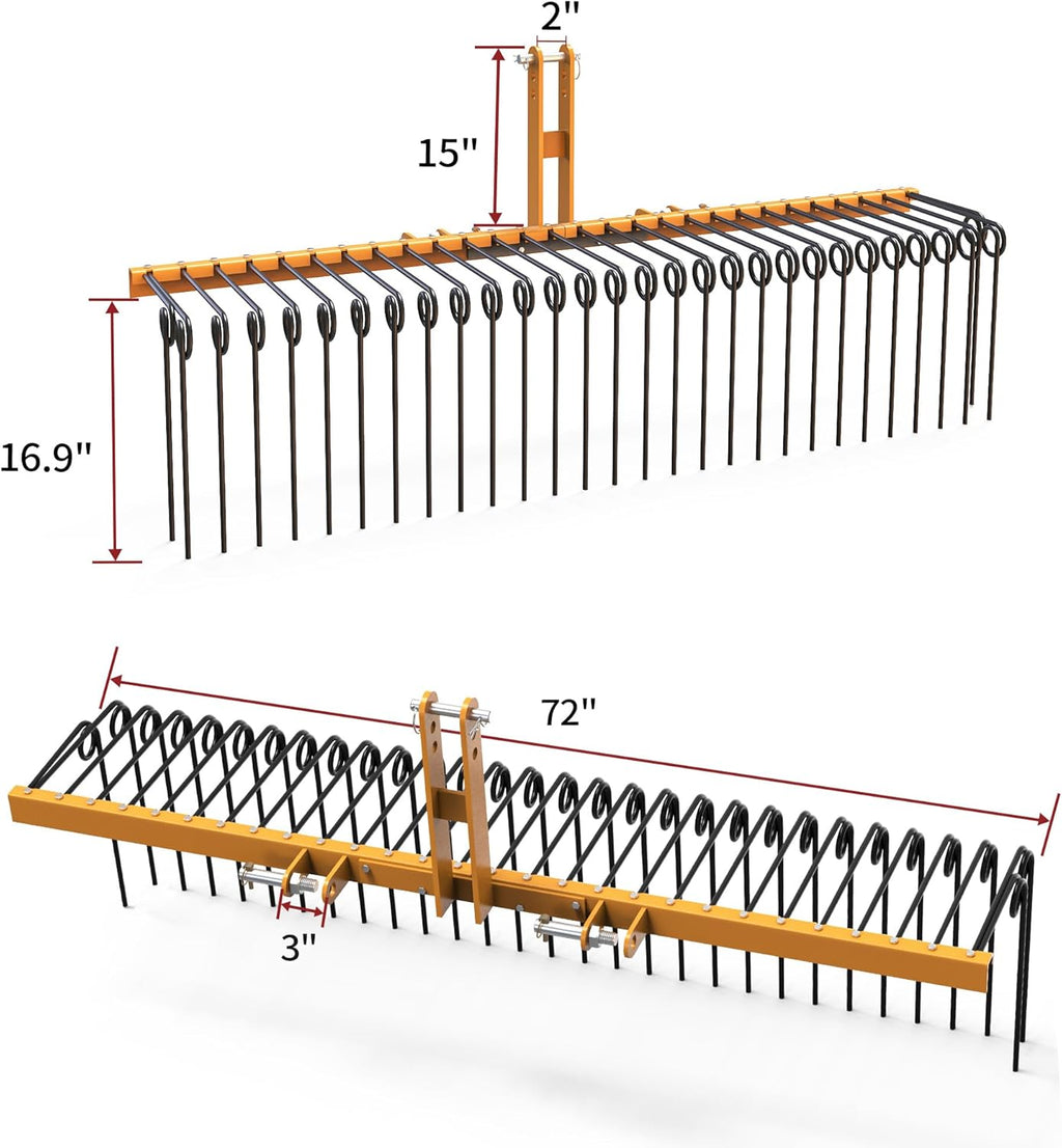 YITAMOTOR 72" Durable Powder Coated Steel Pine Straw Rake Steel Spring Landscape Rake Attaches to Cat-0 Cat-1,3 Point Hitch for Tractor, Yellow Black