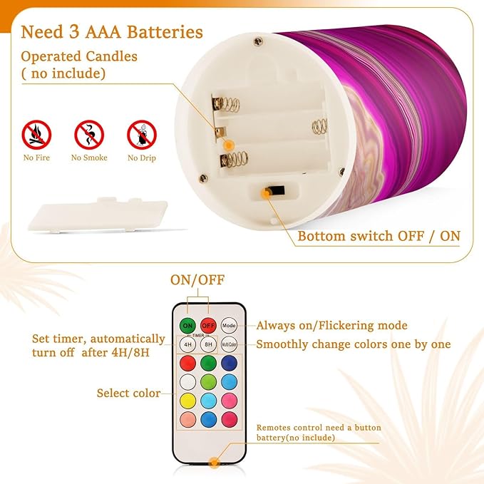 Flickering Flameless Candles, Fuchsia Gold Fluid Marble LED Candles with Remote Timer, Set of 2 Battery Operated Candle for Valentine Wedding Birthday