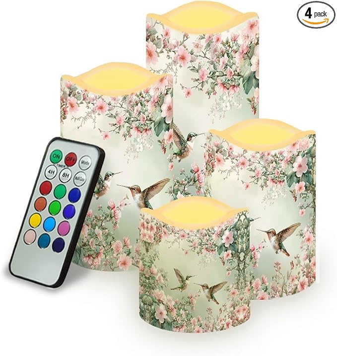 Ystardream Floral Hummingbird Flameless LED Candles Electric Candle Set with Remote Timer Color Changing Control Long Lasting for Table Centerpiece Home Indoor Decoration Pack of 4 Set