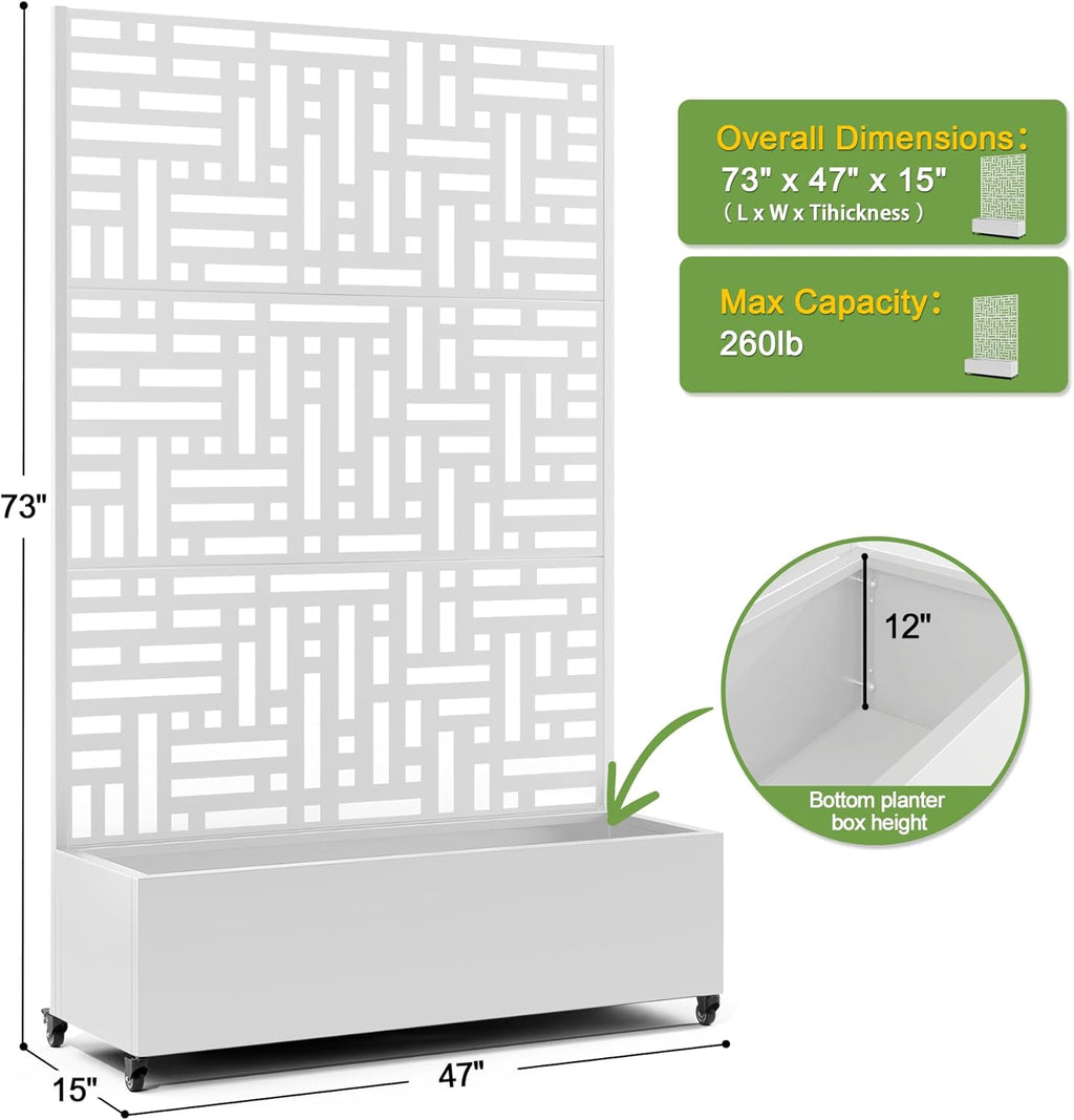 FENCY Metal Raised Garden Bed with Wheels and Trellis,73"x47"x16" Planter Box for Climbing Plants, Vegetables & Vines, Features Privacy Screen and Drainage Holes (White-Geometric Lattice)
