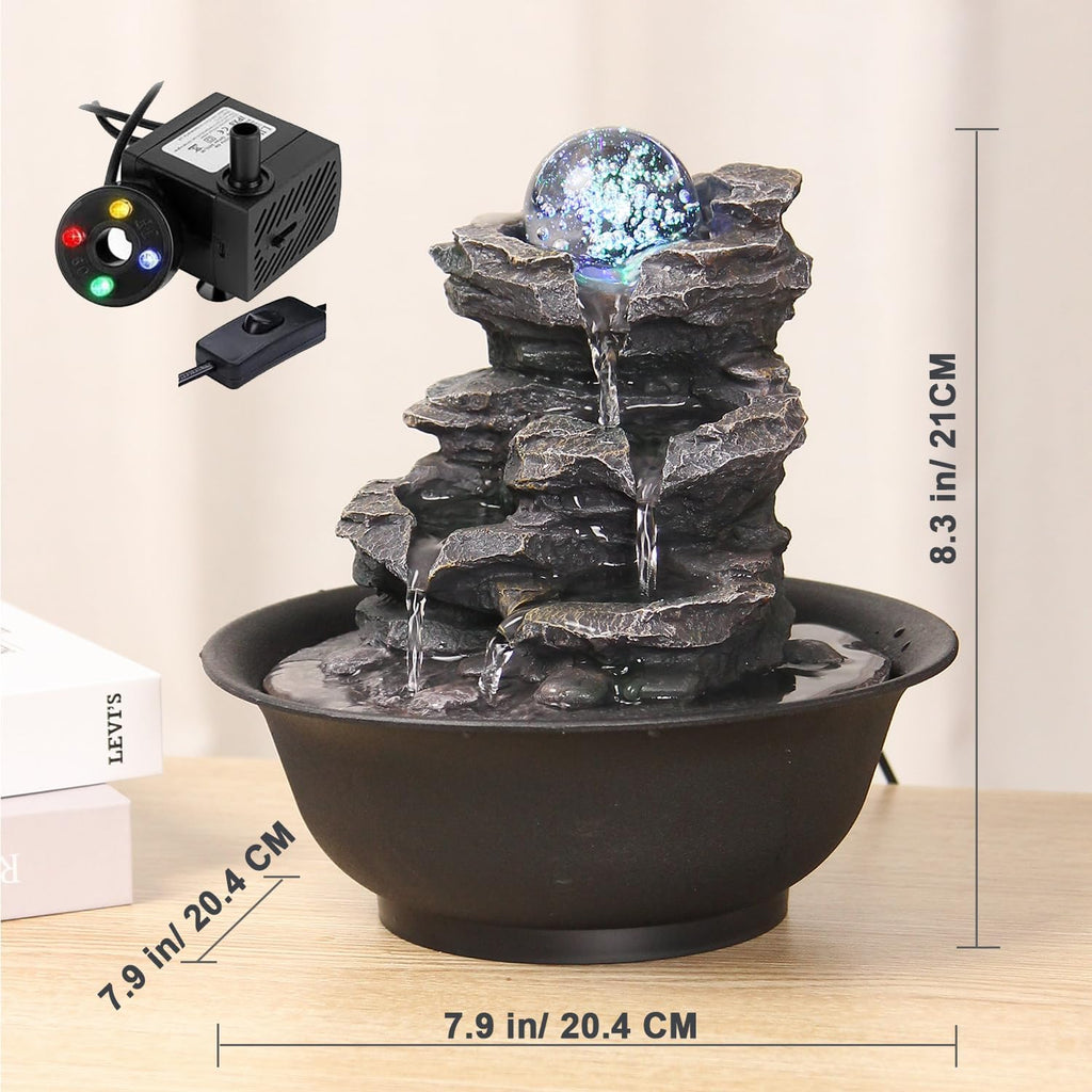 Rock Cascading Tabletop Fountain with Spinning Ball, Zen Meditation Indoor Waterfall Feature with LED Light for Home Office Bedroom