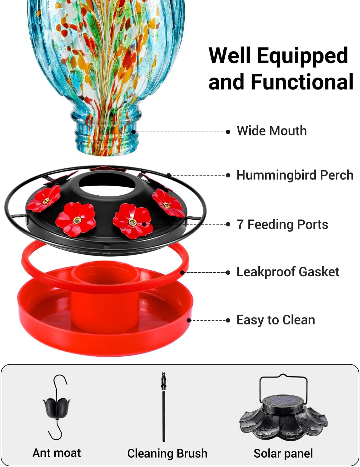 Solar Hummingbird Feeder - 49 fl.oz Hand Blown Glass Color Changing - 7 Feeding Ports with Perch - Never Leak - Perfect Hummingbird Feeder for Outdoors Hanging (Blue)
