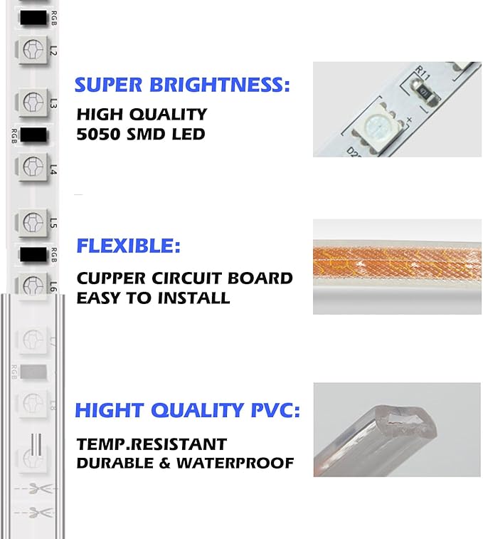 5050-60 Type AC 110-120V RGB LED Strip Lights, Flexible/Waterproof/Dimmable/Multi-Colors/Multi-Modes LED Rope Light + 24 Keys Remote for Home/Garden/Building Decoration (32.8ft/10m, RGB)