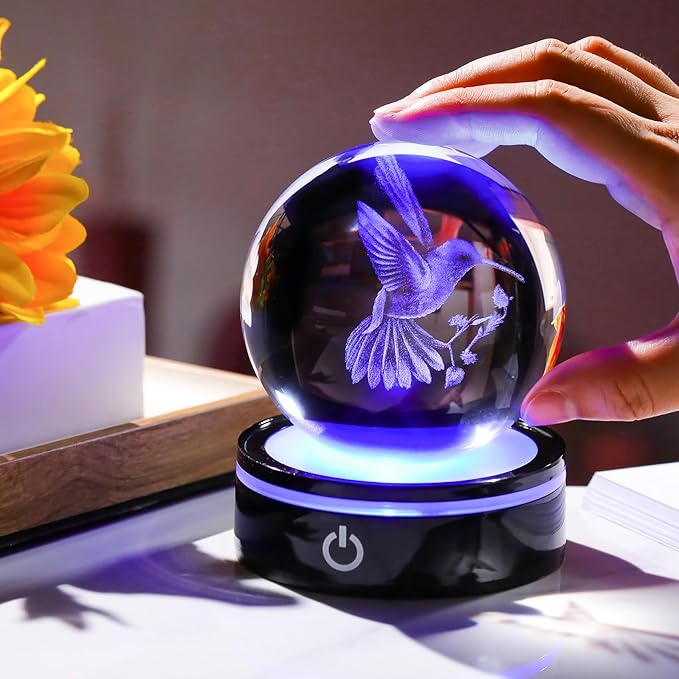 YWHL 3D Crystal Ball Hummingbird Figurine with LED Base, Hummingbird Gifts for Women Men Hummingbird Lovers on Christmas Birthday, Hummingbird Ornament Glass Decorative Ball for Home Decor (80mm)