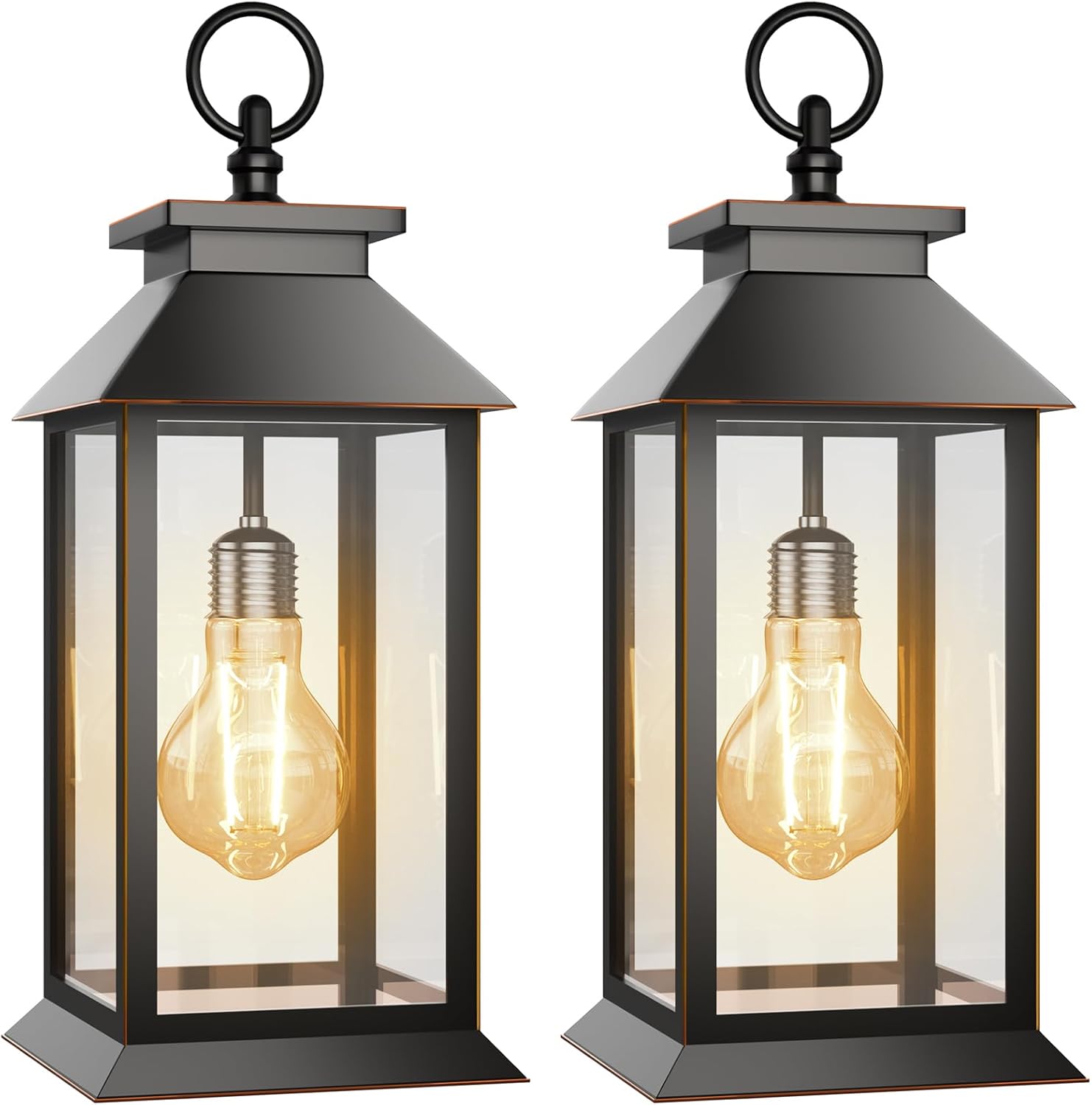 2 Pack Hanging Solar Lanterns Glass Solar Lights Outdoor Waterproof Upgraded Solar and 2 AA Batteries Powered, for Outside Porch, Patio and Indoor Tables, Mantelpiece