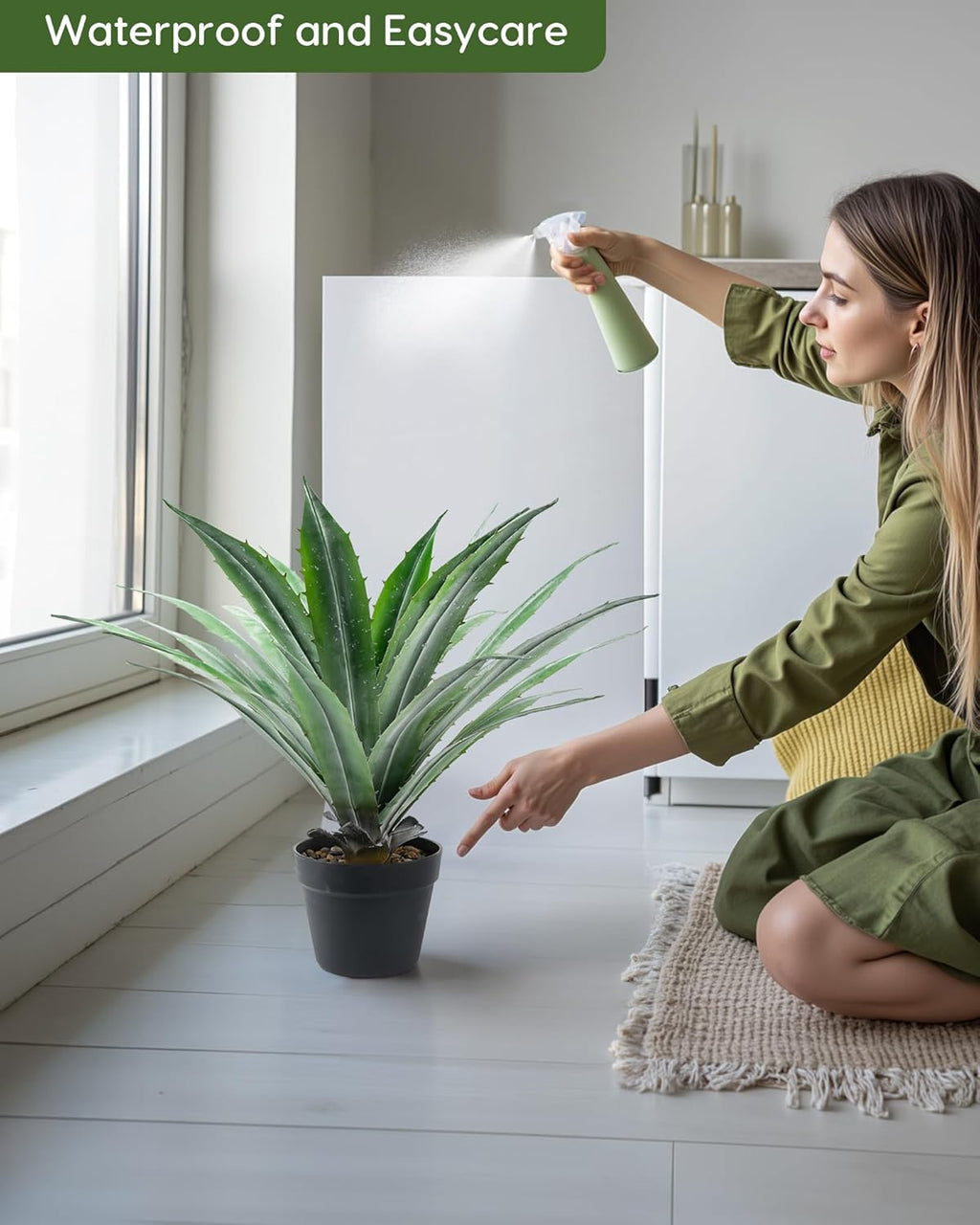 Velener Artificial Agave Plant in Black Pot with Real Stone Pebbles, Large Fake Agave Plants with Green Serrated Leaves, Faux Yucca for Indoor and Outdoor Decor-27 Inches Tall, 29 Leaves