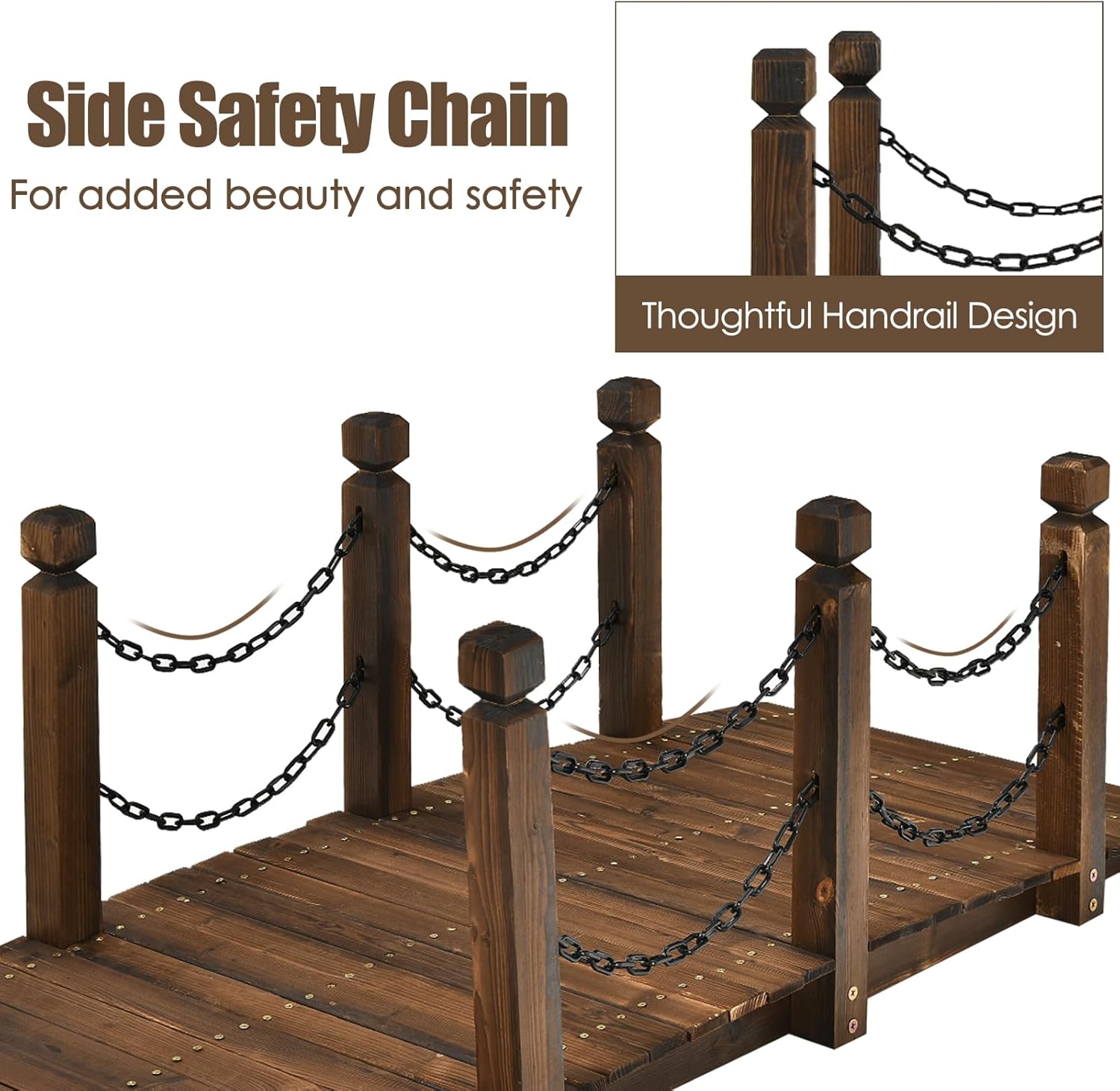 Tangkula 5 FT Wooden Garden Bridge, Arc Footbridge w/Safe Chain Railings, Outside Small Arc Pond Bridge, Decorative Fir Bridge for Landscaping Garden, Pond, Stream, Courtyard, Holds up to 400 LBS