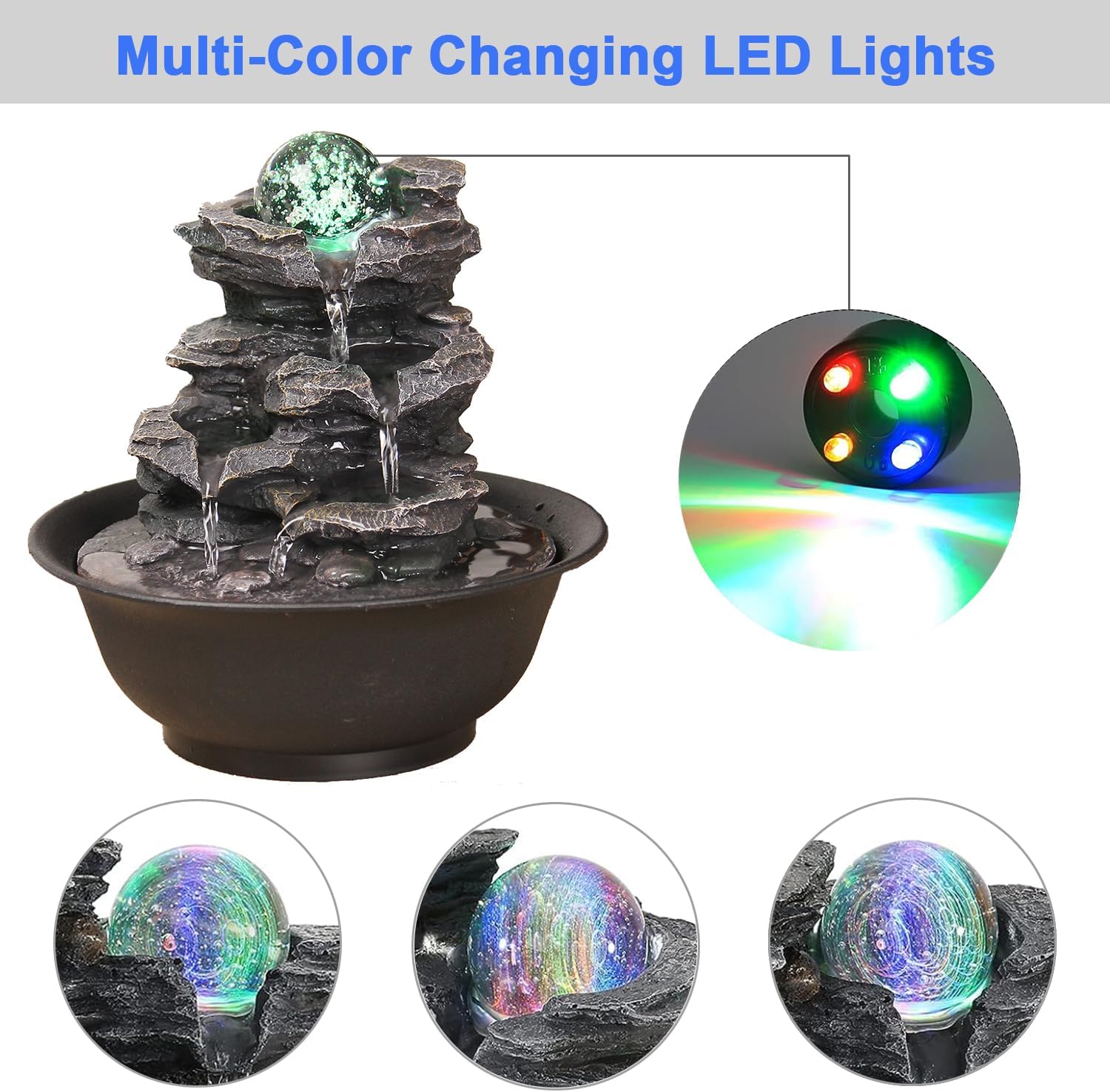 Rock Cascading Tabletop Fountain with Spinning Ball, Zen Meditation Indoor Waterfall Feature with LED Light for Home Office Bedroom