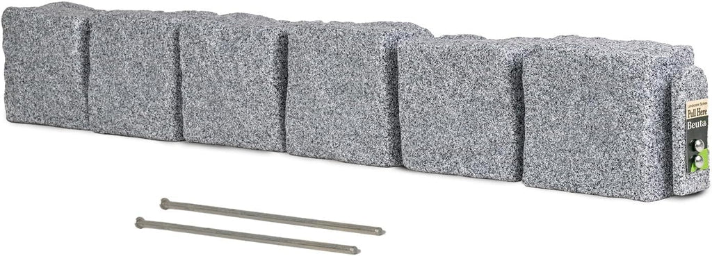 Beuta Landscape Edging | Garden Edging Border | Faux Stone Blocks for Lawn Edging, Flower Beds & Yard Edging – 1 Pack | Each Section Has 6 Blocks 48" L x 4" W x 6.5" H | 2 Spikes | Greystone
