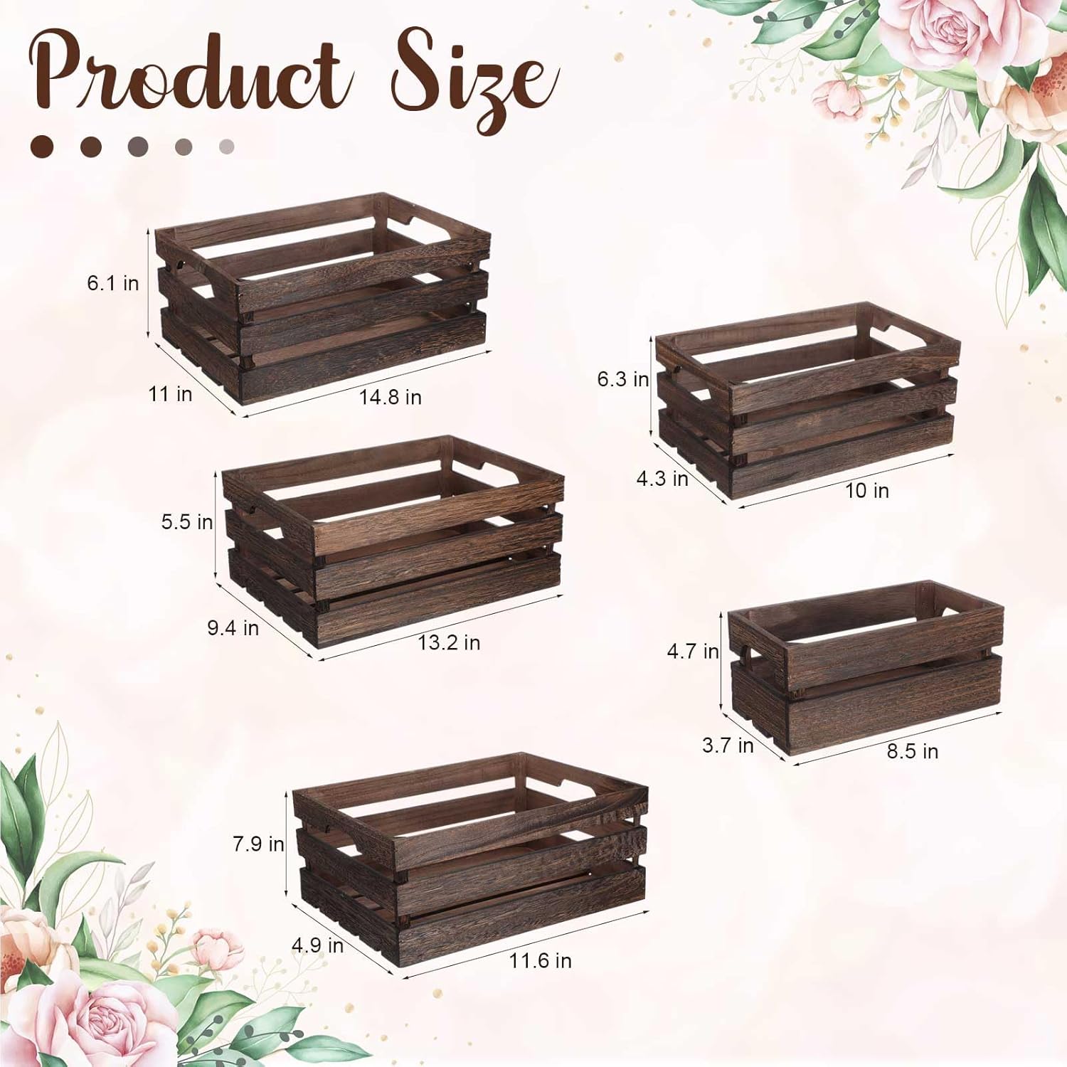 Soaoo 5 Pcs Decorative Nesting Wooden Crates for Storage Display 5 Size Large Small Rustic Wood Decorative Storage Crates with Handle Farmhouse Crate Box Container Made from Pine(Vintage Black)