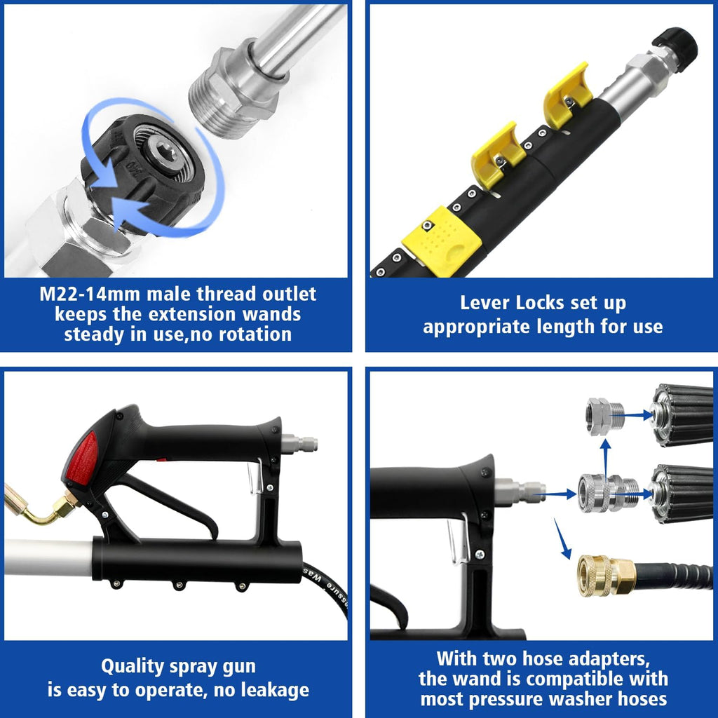 RAYNEL 25FT Telescoping Pressure Washer Extension Wand with Brush Head,2 Power Washer Extension Wands, Gutter Cleaner Attachment,7 Spray Nozzle Tips,Support Belt and 2 Hose Adapters