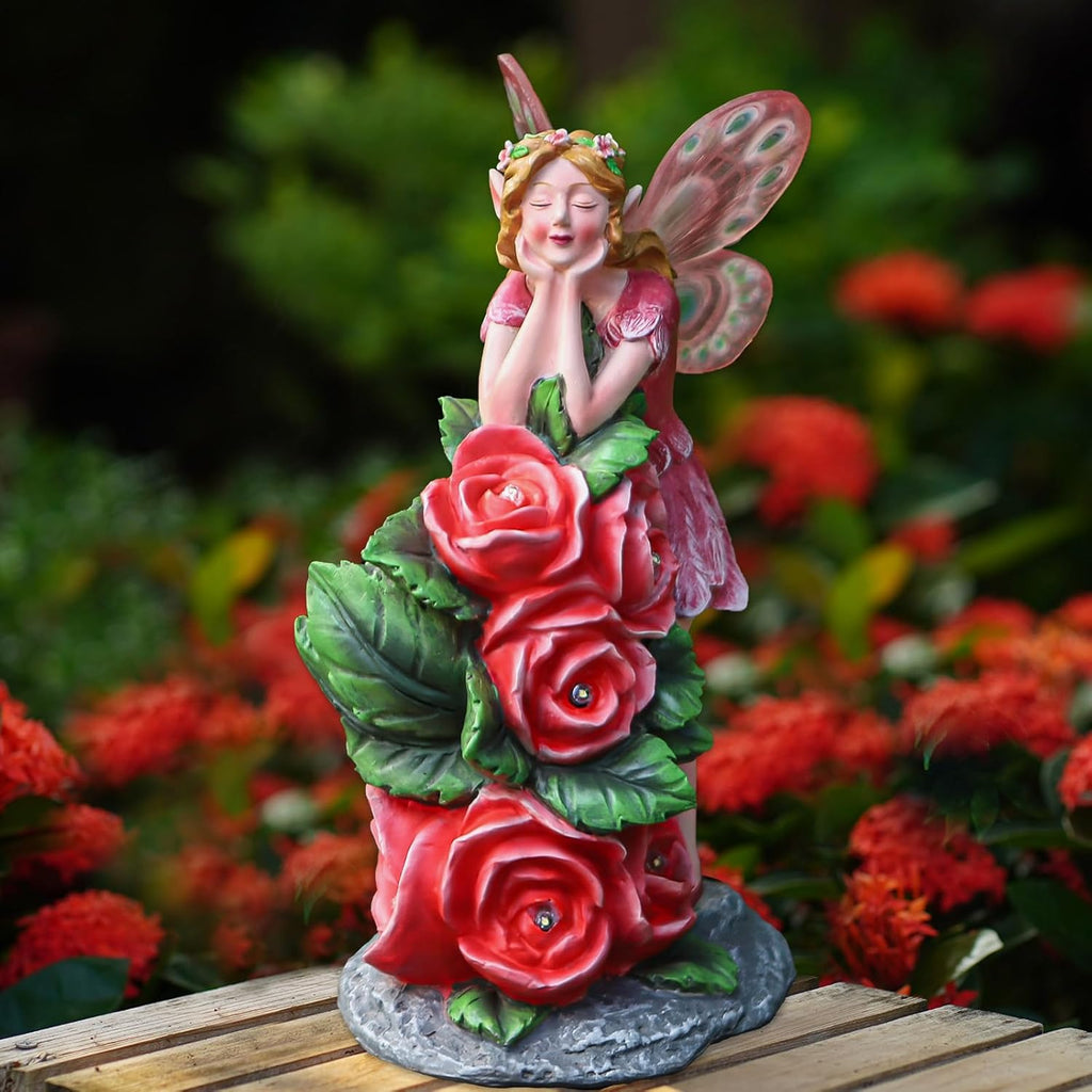 Solar Garden Outdoor Statues Cute Flower Fairy with 7 LED Solar Figurine for Lawn,Patio, Balcony, Yard Unique Housewarming Gift, for Woman, Mom, Grandma