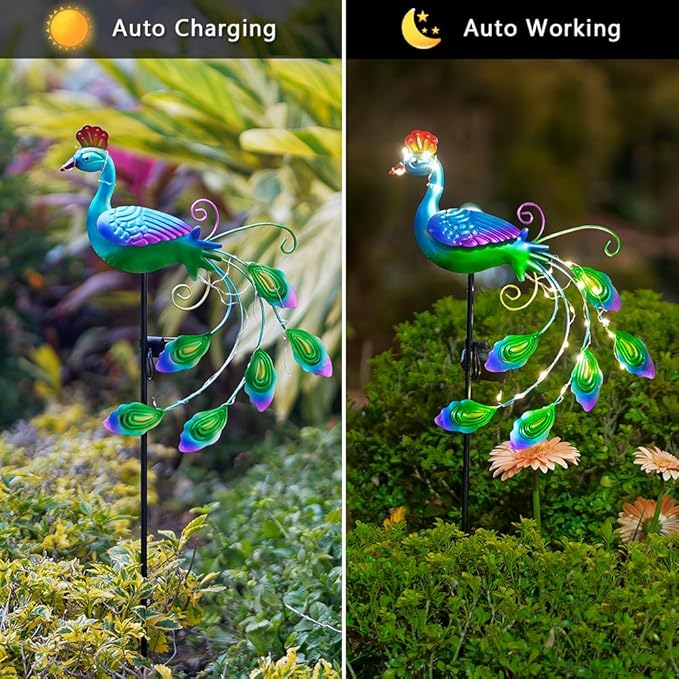 DREAMSOUL 2 Pack Peacock Solar Lights Outdoor Waterproof, Metal Outdoor Solar Lights for Yard Garden Peacock Decor