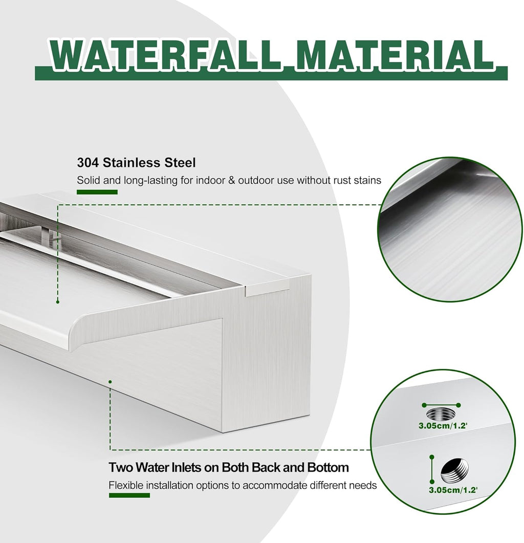Waterfall Pool Fountain, LONGRUNNEW Stainless Steel Waterfall Spillway with Pipe Connector Kits for Outdoor/Indoor Decorative, 11.8 Inches Pool Water Feature for Garden Patio, Backyard Koi Pond Decor