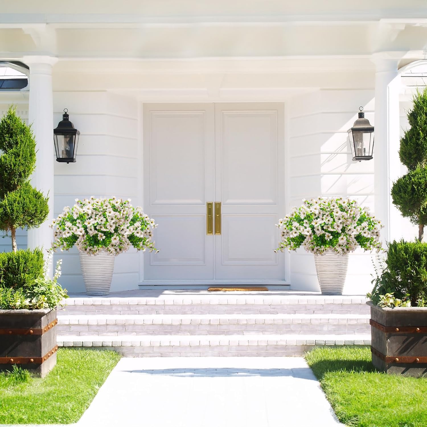 Artificial Fake Flowers for Outdoor Spring Decoration, 16 Bundles Faux Silk Colorful Daisy UV Resistant Realistic for Outside Porch Patio Home Yard Garden Planters Pots Window Box (White)