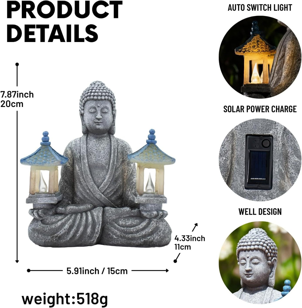 Meditating Buddha Statue with Solar Lights, Zen Garden Decor for Home, Patio, Yard, Outdoor – Unique Gift for Women and Friends(Two Pavilions)