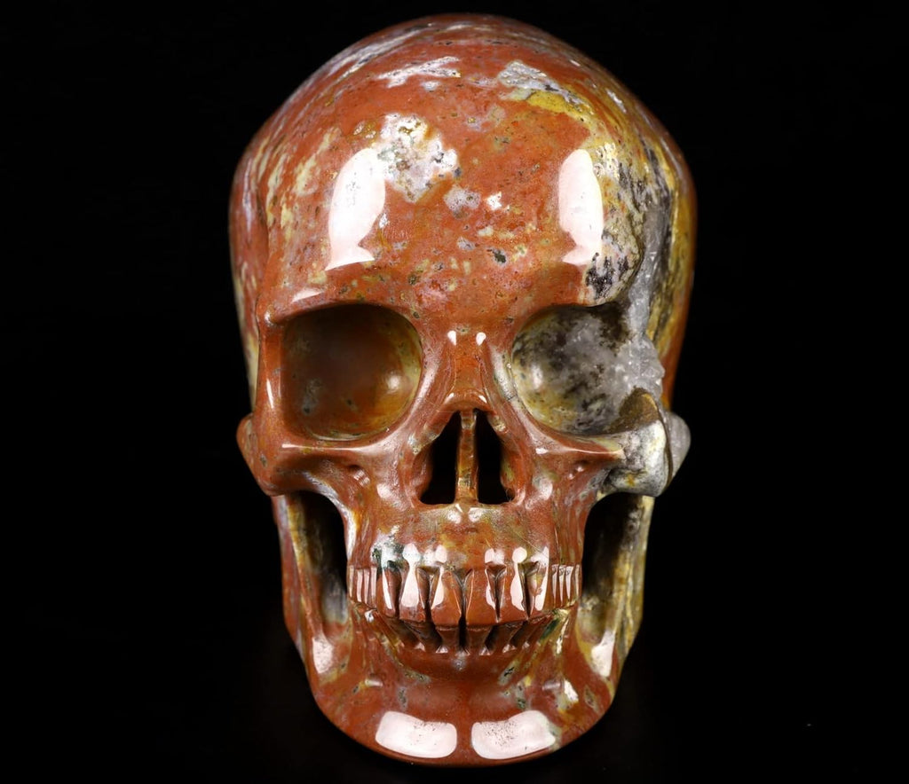 Skullis 5.0" Red Sesame Stone Super Realistic Crystal Skull, Hand Carved Gemstone Fine Art Sculpture, Reiki Healing Stone Statue.1389 Z8