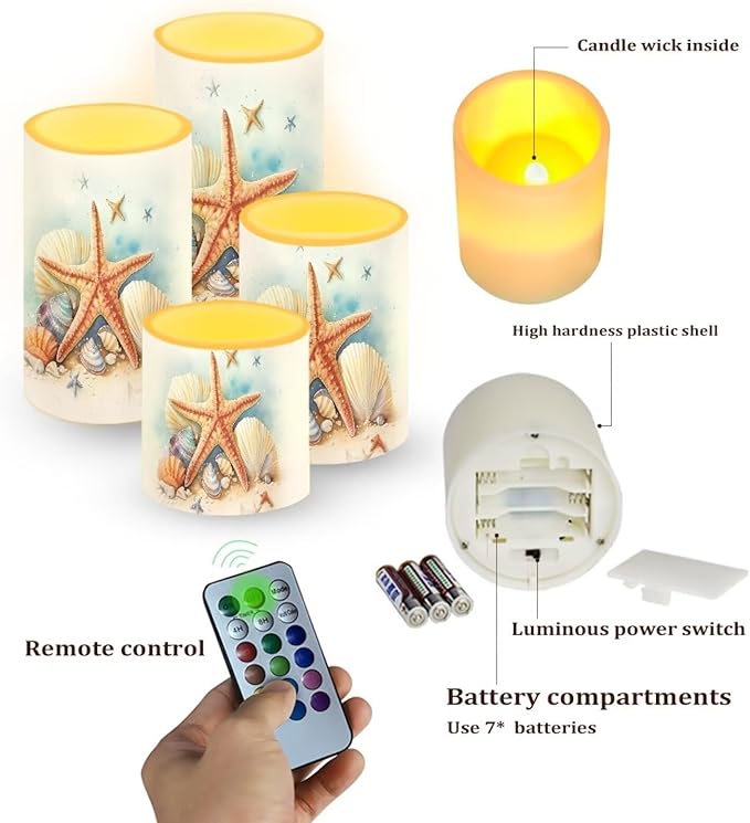 Flameless LED Battery Candles Pack of 4 Waterproof Pillar Candles Tealights with 18-Key Timer Remote Colorful Lights for Outdoor Beach Coastal Home Decor, Starfish Seashell Retro