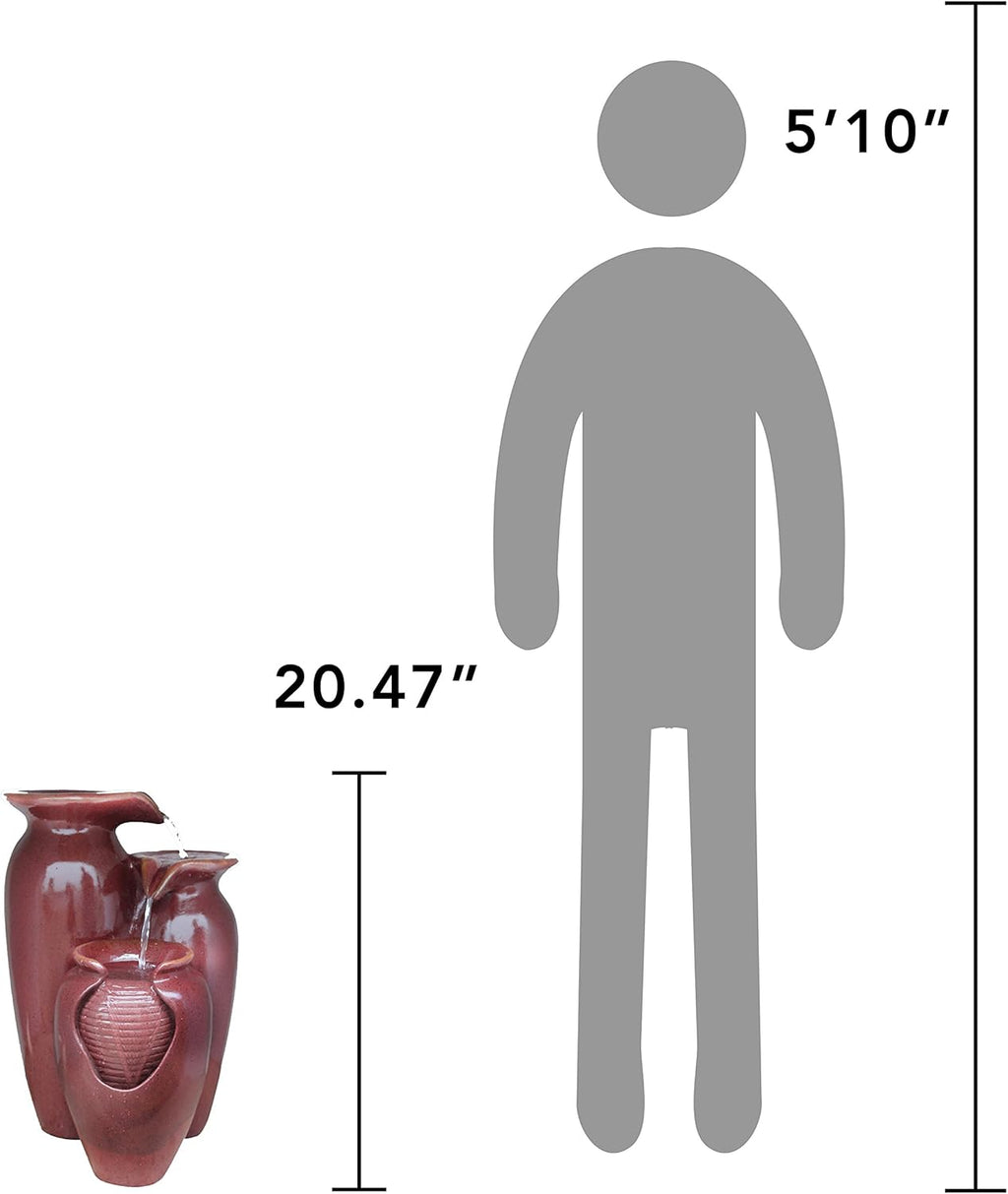 Teamson Home Jar 3 Tiered Floor Waterfall Fountain with Pump for Outdoor Patio Garden Backyard Decking, 20 Inch Height, Brown