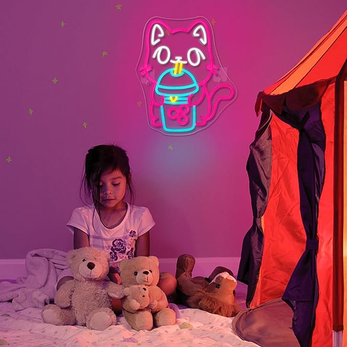 Cat Boba Tea Neon Sign,Cute Pink Kitty Bubble Tea Neon Signs for Wall Decor,Dimmable LED Neon Light Bar Sign,USB Light Up Signs for Kids Bedroom Dimsum Store Cofes Bar Milk Tea Shop