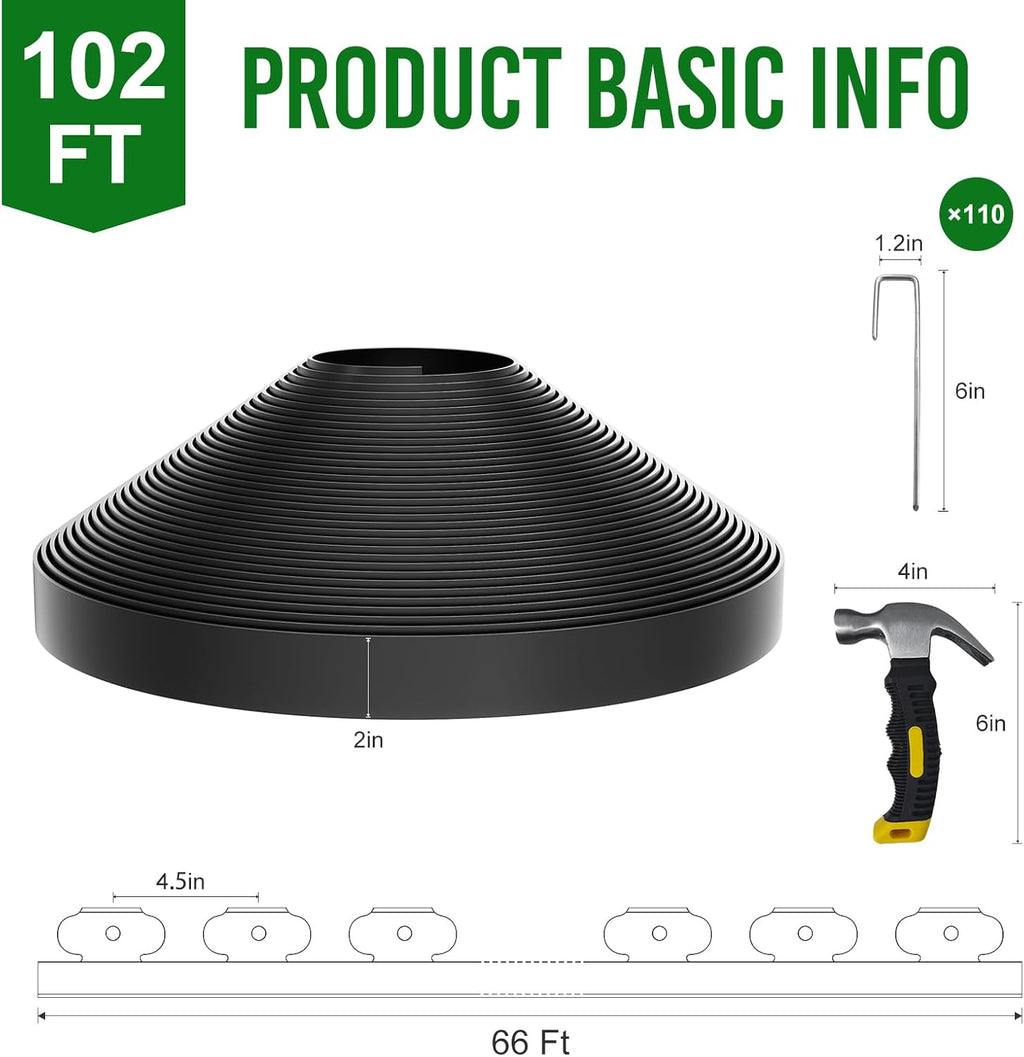 102FT Landscape Edging 2 in Tall with 110 Spikes, Garden Edging Border and 1 Hammer, Plastic Landscape Edging Border Lawn Edging for Landscaping, Flower Beds, Yard