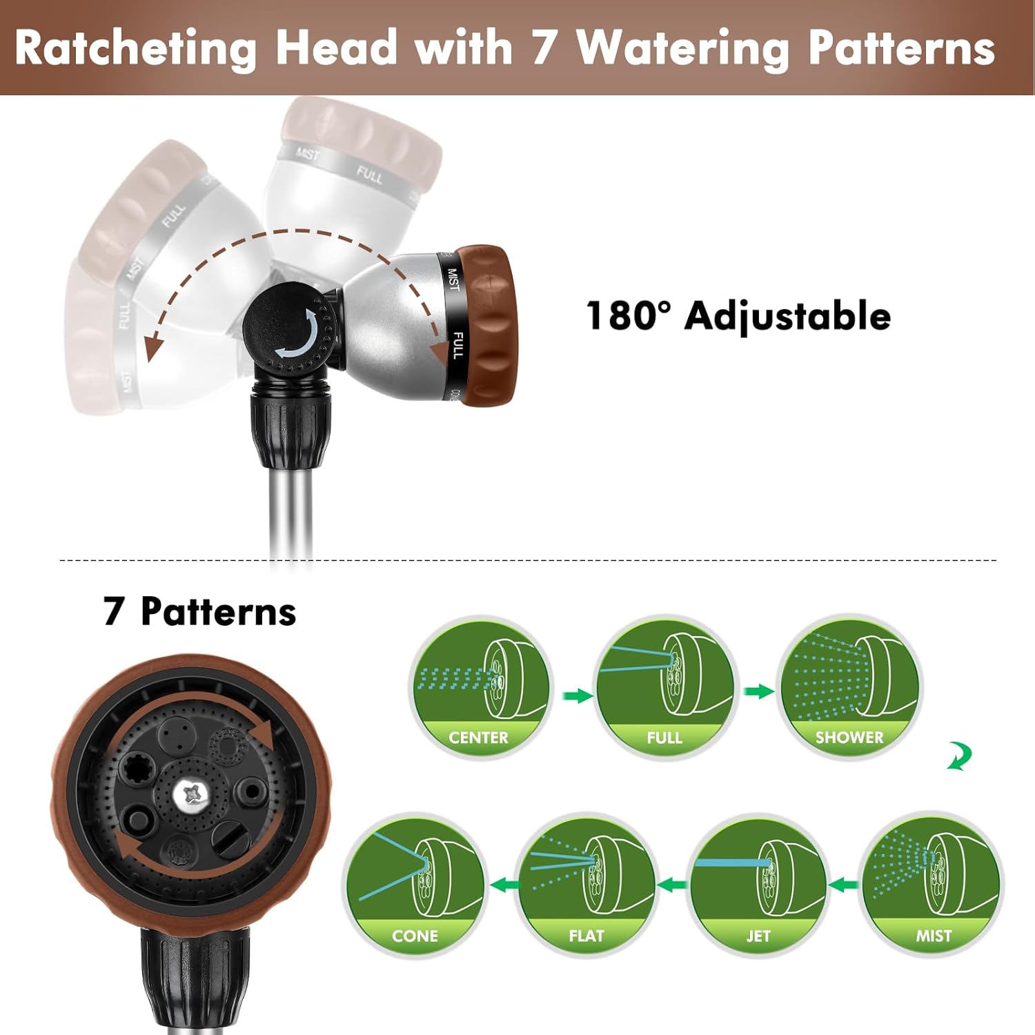 RESTMO 36”-60” Metal Watering Wand, Long Telescopic Tube | 180° Adjustable Ratcheting Head | 7 Spray Patterns | Flow Control, Garden Hose Sprayer to Water Hanging Baskets, Shrubs, Brown