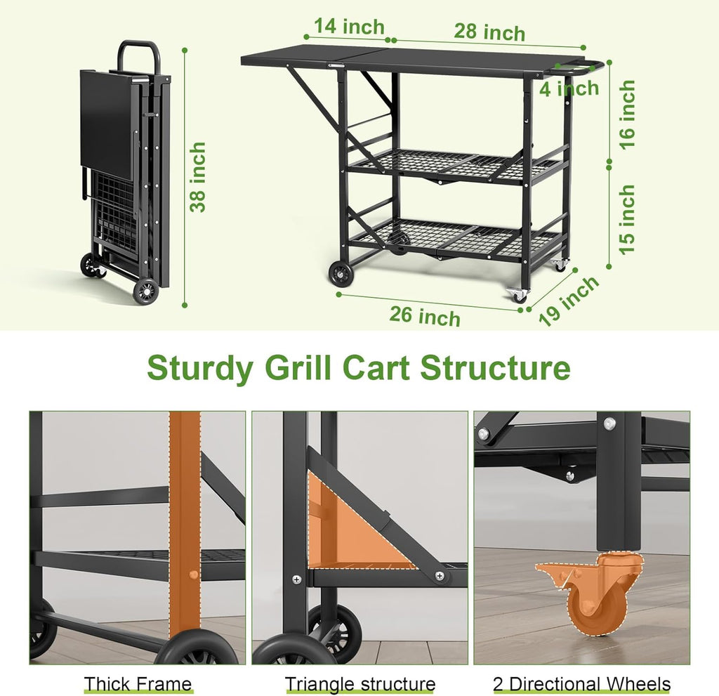 Himix Folding Grill Cart, 3 Tier Outdoor Grill Table with Side, 4 Hooks, Pizza Oven Cooking Prep Table, Portable Outdoor Bar Cart Grill Station