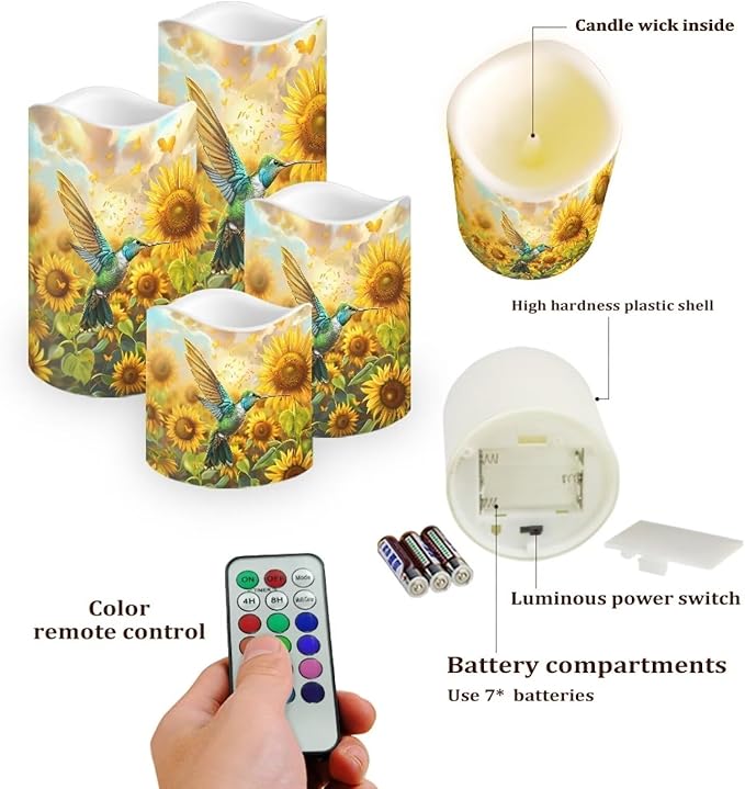 Ystardream Operated Candles with Flickering Flame Flameless Taper Candles Flickering Operated Electric Pillar Candle LED Candle for Indoor Outdoor Home Decor Hummingbird Sunflower
